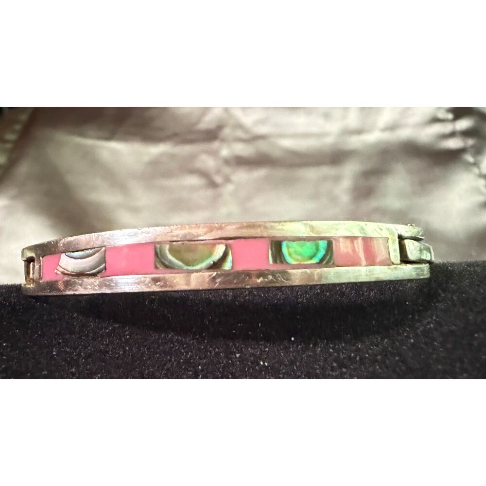 Vintage Mexico 925 Sterling Silver Pink Abalone Inlay Hinged Bangle Bracelet